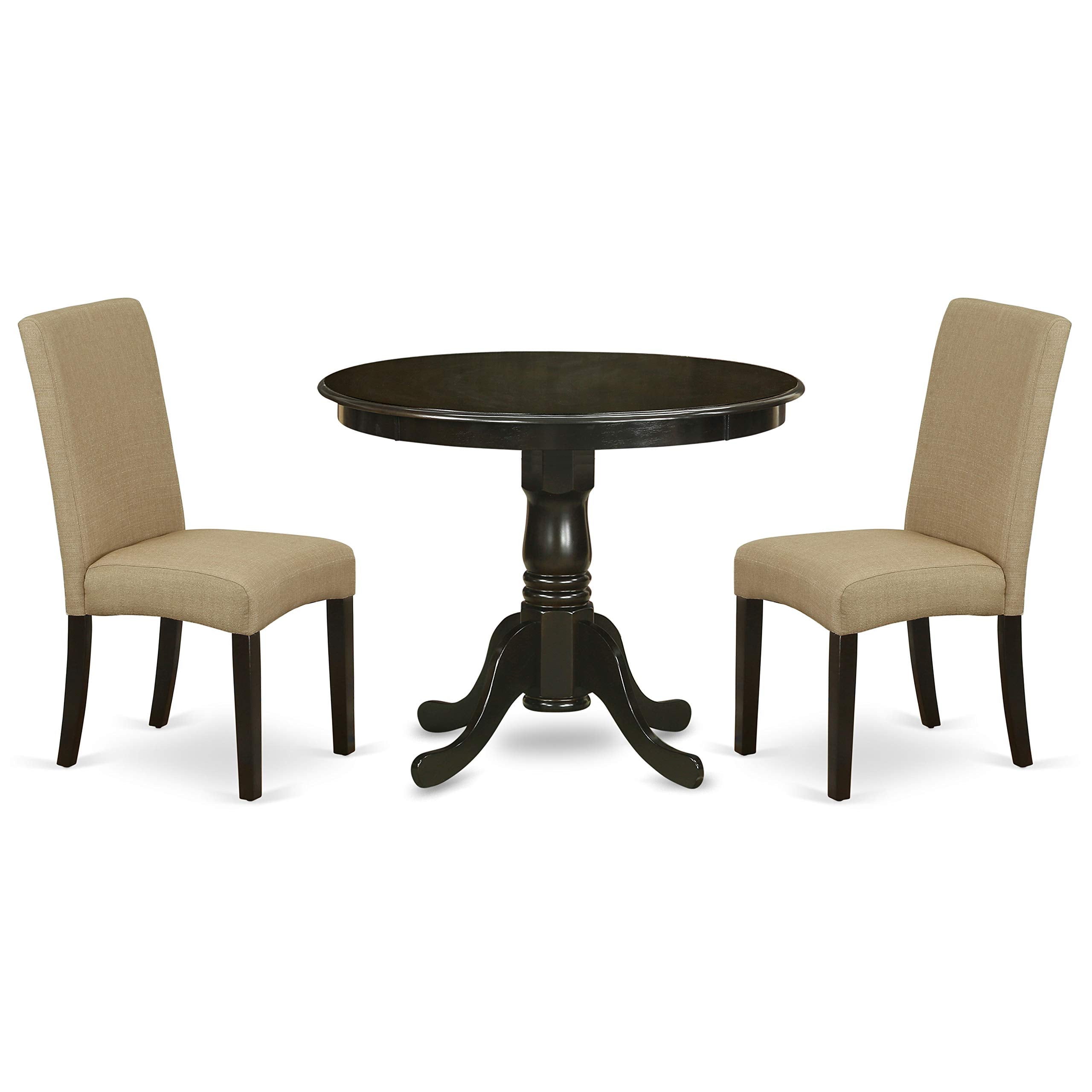 East West Furniture Andr3-Cap-03 3 Piece Dining Room Table Set Contains A Round Kitchen Table With Pedestal And 2 Brown Linen Fabric Parsons Dining Chairs, 36X36 Inch, Cappuccino